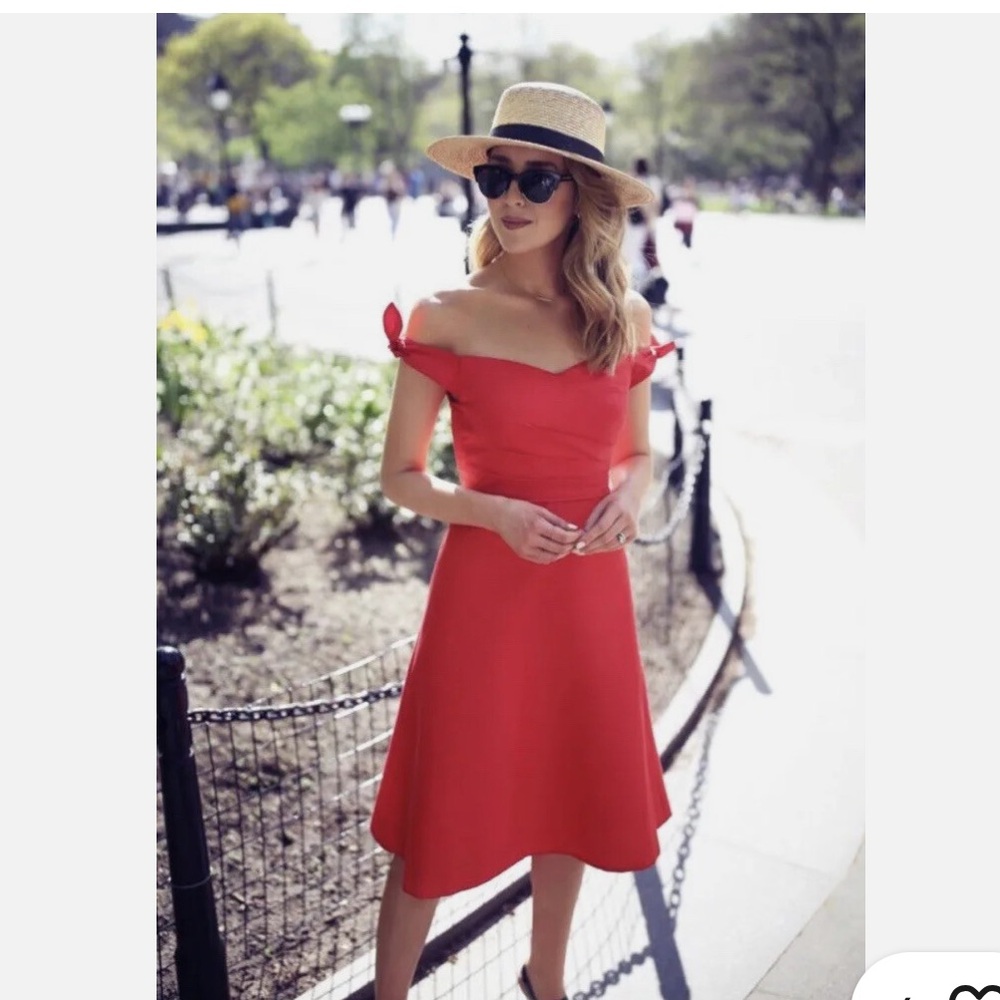 J. Crew Red Off-the-Shoulder Midi Dress with Bow Straps